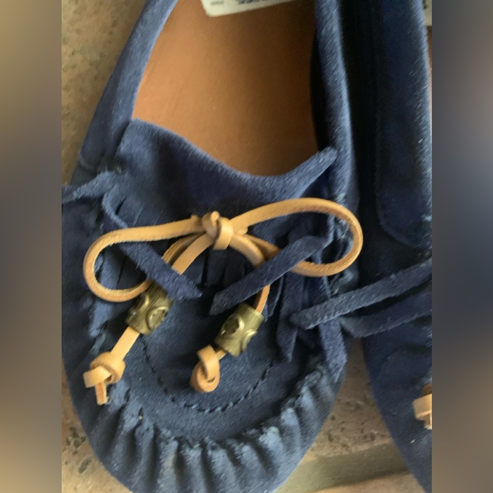 Lucky Brand Aimee Blue Suede Moccasins with Tan Accents - Picture 3 of 10